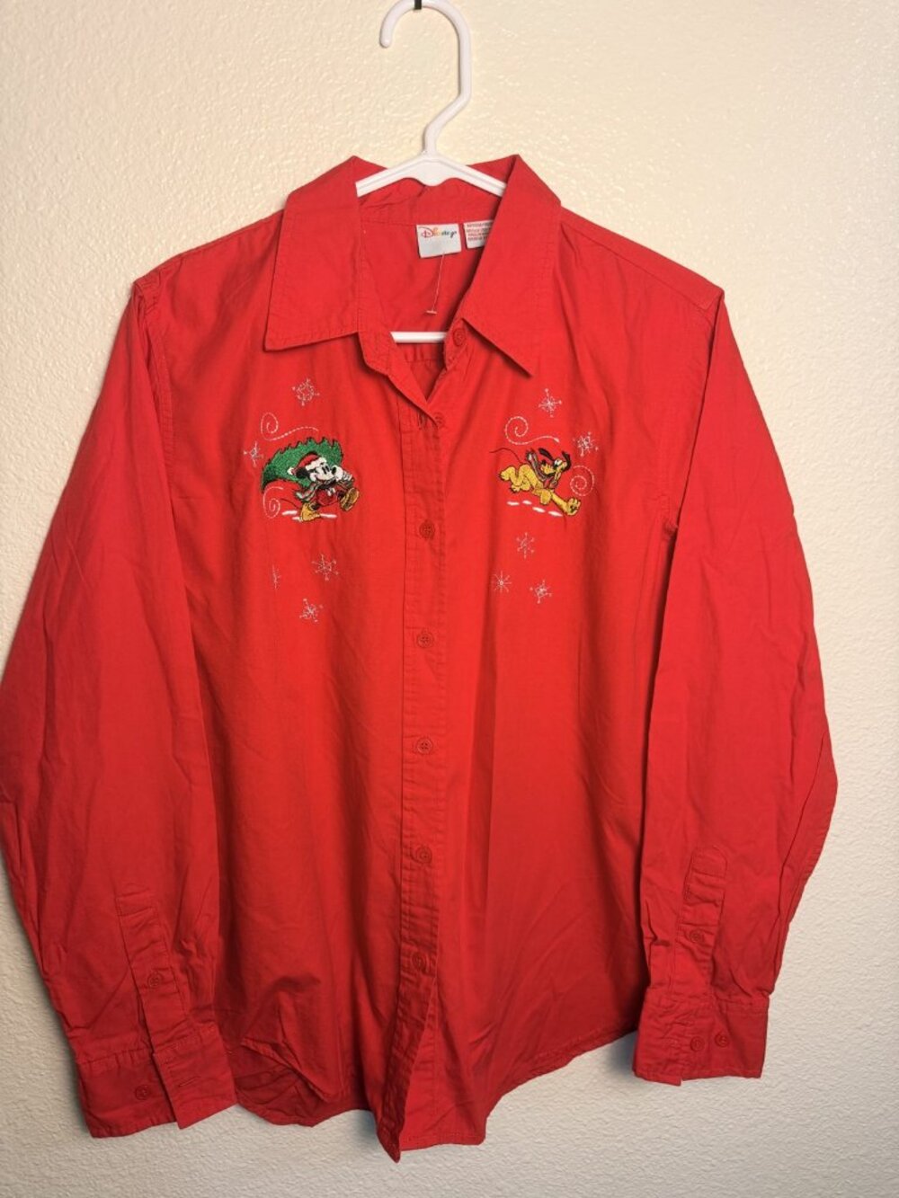 VTG 90s Disney Store Mickey & Pluto Christmas Embroidered Button Up Shirt Red Sz